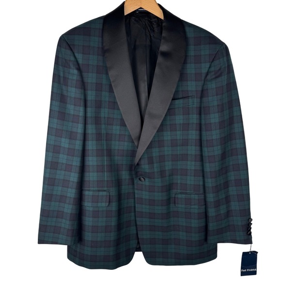 Paul Fredrick Black Watch Green Tartan Plaid Wool Tuxedo Jacket Mens 42R NEW